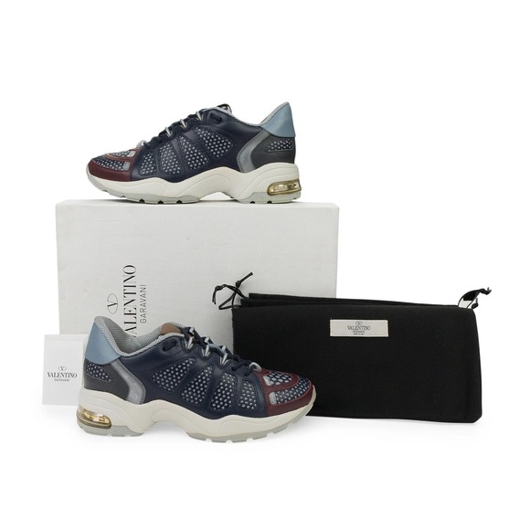 Valentino Garavani Navy Burgundy & Light Blue Mesh Leather Runner Sneakers